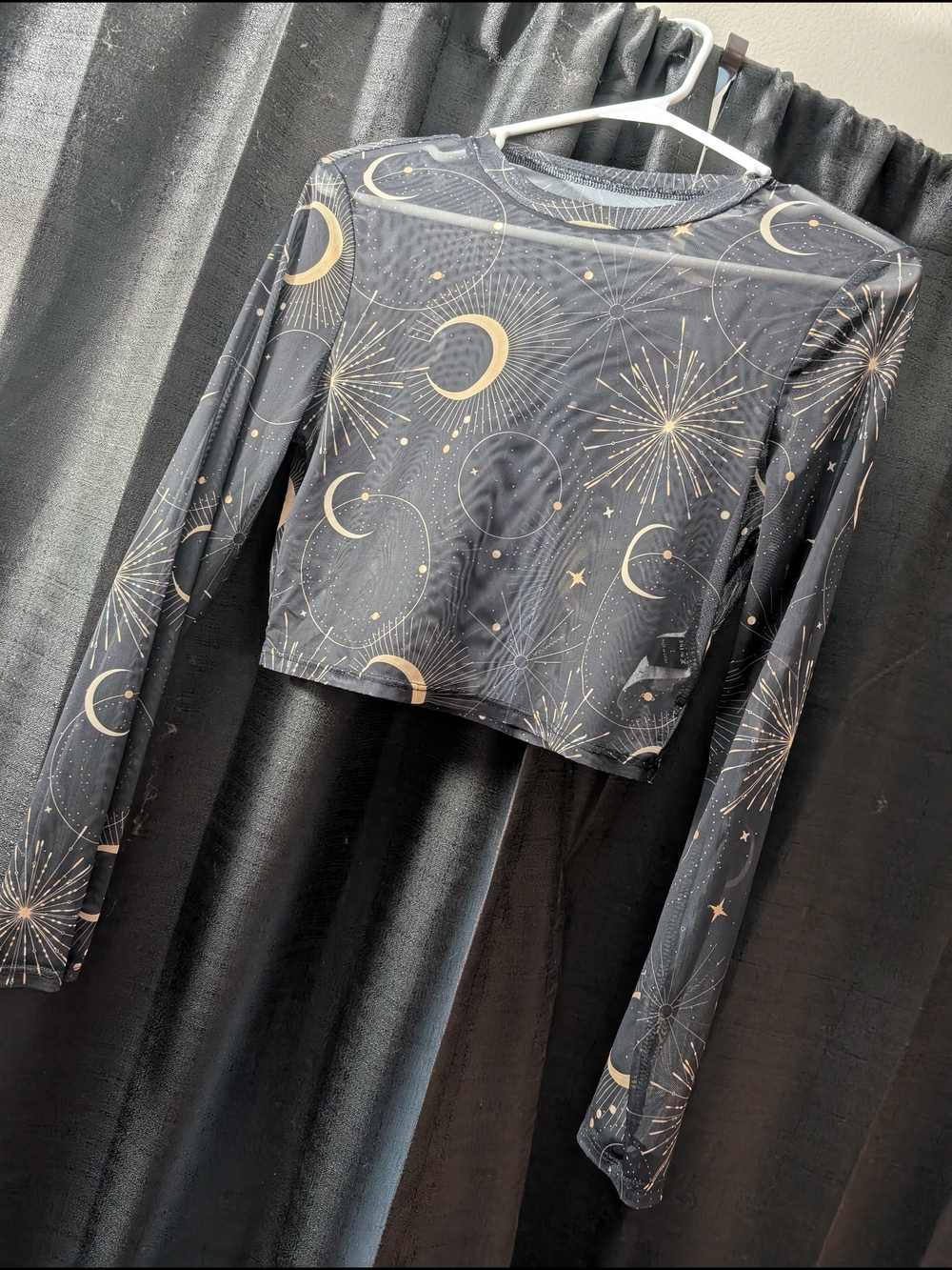 SHEIN Black Long Sleeve Celestial Mesh Crop Top with Gold Moon Print